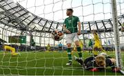 8 June 2022; Republic of Ireland goalkeeper Caoimhin Kelleher and teammate Nathan Collins react after conceding their side's first goal during the UEFA Nations League B group 1 match between Republic of Ireland and Ukraine at Aviva Stadium in Dublin. Photo by Seb Daly/Sportsfile