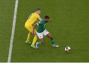 8 June 2022; CJ Hamilton of Republic of Ireland in action against Oleksandr Syrota of Ukraine during the UEFA Nations League B group 1 match between Republic of Ireland and Ukraine at Aviva Stadium in Dublin. Photo by Eóin Noonan/Sportsfile