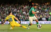 8 June 2022; Cyrus Christie of Republic of Ireland in action against Mykola Shaparenko of Ukraine during the UEFA Nations League B group 1 match between Republic of Ireland and Ukraine at Aviva Stadium in Dublin. Photo by Seb Daly/Sportsfile