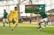 8 June 2022; Callum Robinson of Republic of Ireland in action against Taras Kacharaba of Ukraine during the UEFA Nations League B group 1 match between Republic of Ireland and Ukraine at Aviva Stadium in Dublin. Photo by Seb Daly/Sportsfile