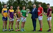 9 June 2022; Uachtarán Chumann Lúthchleas Gael Larry McCarthy and Mike Casey of Limerick with the Liam MacCarthy Cup and players, from left, Cathal Malone of Clare, Lee Chin of Wexford, Richie Reid of Kilkenny, Robert Downey of Cork and Gearóid McInerney of Galway at the GAA Hurling All-Ireland Senior Championship Series national launch in Loughmore Castleiney GAA club, Tipperary. Photo by Brendan Moran/Sportsfile