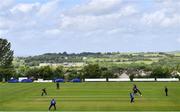 10 June 2022; Conor Olphert of North West Warriors bowls to Morgan Topping of Northern Knights during the Cricket Ireland Inter-Provincial Trophy match between North West Warriors and Northern Knights at Bready Cricket Club in Bready, Tyrone. Photo by Ramsey Cardy/Sportsfile