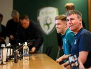 10 June 2022; Manager Stephen Kenny and Nathan Collins during a Republic of Ireland press conference at FAI Headquarters in Abbotstown, Dublin. Photo by Stephen McCarthy/Sportsfile