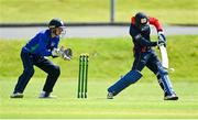 10 June 2022; James McCollum of Northern Knights and North West Warriors wicket-keeper Neil Rock during the Cricket Ireland Inter-Provincial Trophy match between North West Warriors and Northern Knights at Bready Cricket Club in Bready, Tyrone. Photo by Ramsey Cardy/Sportsfile