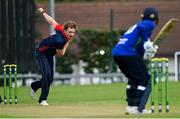 10 June 2022; Josh Manley of Northern Knights bowls to Stephen Doheny of North West Warriors during the Cricket Ireland Inter-Provincial Trophy match between North West Warriors and Northern Knights at Bready Cricket Club in Bready, Tyrone. Photo by Ramsey Cardy/Sportsfile