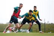 10 June 2022; Players, from left, Will Keane, Scott Hogan and Darragh Lenihan during a Republic of Ireland training session at the FAI National Training Centre in Abbotstown, Dublin. Photo by Stephen McCarthy/Sportsfile