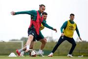 10 June 2022; Players, from left, Will Keane, Scott Hogan and Darragh Lenihan during a Republic of Ireland training session at the FAI National Training Centre in Abbotstown, Dublin. Photo by Stephen McCarthy/Sportsfile