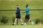 10 June 2022; Michael Obafemi with Kevin Mulholland, chartered physiotherapist, left, during a Republic of Ireland training session at the FAI National Training Centre in Abbotstown, Dublin. Photo by Stephen McCarthy/Sportsfile