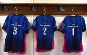 10 June 2022; The jerseys of the Leinster front row, from left, Tadhg Furlong, Dan Sheehan and Andrew Porter are seen in the dressing room before the United Rugby Championship Semi-Final match between Leinster and Vodacom Bulls at the RDS Arena in Dublin. Photo by Harry Murphy/Sportsfile