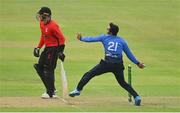 10 June 2022; Simi Singh of Leinster Lightning bowls during the Cricket Ireland Inter-Provincial Trophy match between Munster Reds and Leinster Lightning at Bready Cricket Club in Bready, Tyrone. Photo by Ramsey Cardy/Sportsfile