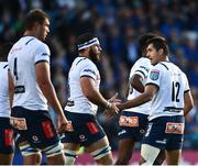 10 June 2022; Marcell Coetzee of Vodacom Bulls, centre, is congratulated by team mate Harold Vorster after scoring their side's second try during the United Rugby Championship Semi-Final match between Leinster and Vodacom Bulls at the RDS Arena in Dublin. Photo by David Fitzgerald/Sportsfile