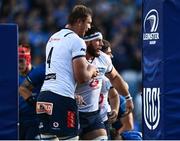 10 June 2022; Marcell Coetzee of Vodacom Bulls, right, is congratulated by team mate Walt Steenkamp after scoring their side's second try during the United Rugby Championship Semi-Final match between Leinster and Vodacom Bulls at the RDS Arena in Dublin. Photo by David Fitzgerald/Sportsfile