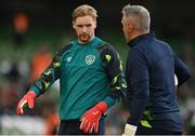 8 June 2022; Republic of Ireland goalkeeper Caoimhin Kelleher, left, and goalkeeping coach Dean Kiely before the UEFA Nations League B group 1 match between Republic of Ireland and Ukraine at Aviva Stadium in Dublin. Photo by Seb Daly/Sportsfile