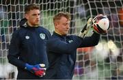 8 June 2022; Republic of Ireland goalkeepers James Talbot, right, and Mark Travers before the UEFA Nations League B group 1 match between Republic of Ireland and Ukraine at Aviva Stadium in Dublin. Photo by Seb Daly/Sportsfile