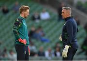 8 June 2022; Republic of Ireland goalkeeper Caoimhin Kelleher, left, and goalkeeping coach Dean Kiely before the UEFA Nations League B group 1 match between Republic of Ireland and Ukraine at Aviva Stadium in Dublin. Photo by Seb Daly/Sportsfile