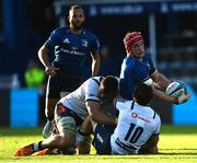 10 June 2022; Josh van der Flier of Leinster is tackled by Elrigh Louw and Chris Smith of Vodacom Bulls during the United Rugby Championship Semi-Final match between Leinster and Vodacom Bulls at the RDS Arena in Dublin. Photo by Harry Murphy/Sportsfile