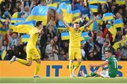 8 June 2022; Oleksandr Zubkov of Ukraine celebrates a first-half goal which was subsequently ruled out by VAR during the UEFA Nations League B group 1 match between Republic of Ireland and Ukraine at Aviva Stadium in Dublin. Photo by Stephen McCarthy/Sportsfile