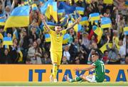 8 June 2022; Oleksandr Zubkov of Ukraine celebrates a first-half goal which was subsequently ruled out by VAR during the UEFA Nations League B group 1 match between Republic of Ireland and Ukraine at Aviva Stadium in Dublin. Photo by Stephen McCarthy/Sportsfile