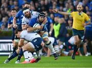 10 June 2022; Caelan Doris of Leinster is tackled by Chris Smith and Marcell Coetzee of Vodacom Bulls during the United Rugby Championship Semi-Final match between Leinster and Vodacom Bulls at the RDS Arena in Dublin. Photo by Harry Murphy/Sportsfile