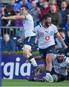 10 June 2022; Zak Burger of Vodacom Bulls celebrates a penalty try during the United Rugby Championship Semi-Final match between Leinster and Vodacom Bulls at the RDS Arena in Dublin. Photo by Brendan Moran/Sportsfile
