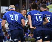 10 June 2022; Jonathan Sexton of Leinster urges team mates after Rory O'Loughlin scored their side's third try during the United Rugby Championship Semi-Final match between Leinster and Vodacom Bulls at the RDS Arena in Dublin. Photo by David Fitzgerald/Sportsfile