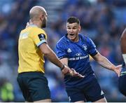10 June 2022; Jonathan Sexton of Leinster reacts towards referee Andrea Piardi during the United Rugby Championship Semi-Final match between Leinster and Vodacom Bulls at the RDS Arena in Dublin. Photo by David Fitzgerald/Sportsfile