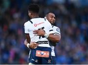 10 June 2022; Cornal Hendricks of Vodacom Bulls, right, and Canan Moodie celebrate winning a penalty during the United Rugby Championship Semi-Final match between Leinster and Vodacom Bulls at the RDS Arena in Dublin. Photo by David Fitzgerald/Sportsfile