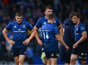 10 June 2022; Leinster players, from left, Garry Ringrose, Ross Molony, Jordan Larmour and Josh van der Flier after the United Rugby Championship Semi-Final match between Leinster and Vodacom Bulls at the RDS Arena in Dublin. Photo by David Fitzgerald/Sportsfile