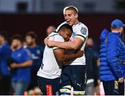 10 June 2022; Janko Swanepoel, right, and Simphiwe Matanzima of Vodacom Bulls celebrate after the United Rugby Championship Semi-Final match between Leinster and Vodacom Bulls at the RDS Arena in Dublin. Photo by David Fitzgerald/Sportsfile