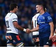 10 June 2022; Jonathan Sexton of Leinster and WJ Steenkamp of Vodacom Bulls shake hands after the United Rugby Championship Semi-Final match between Leinster and Vodacom Bulls at the RDS Arena in Dublin. Photo by David Fitzgerald/Sportsfile