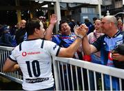 10 June 2022; Chris Smith of Vodacom Bulls is congratulated by supporters after the United Rugby Championship Semi-Final match between Leinster and Vodacom Bulls at the RDS Arena in Dublin. Photo by David Fitzgerald/Sportsfile