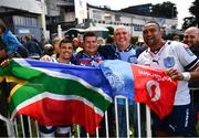 10 June 2022; Embrose Papier, left, and Cornal Hendricks of Vodacom Bulls celebrate with supporters after the United Rugby Championship Semi-Final match between Leinster and Vodacom Bulls at the RDS Arena in Dublin. Photo by David Fitzgerald/Sportsfile