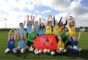 12 June 2022; Republic of Ireland internationals Emily Whelan, left, and Jess Ziu with Kinsealy United U9's at the launch of UEFA Disney Playmakers 2022 at the FAI National Training Centre in Abbotstown, Dublin. Photo by Stephen McCarthy/Sportsfile