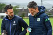 11 June 2022; Leinster Lightning Head Coach Nigel Jones, left, talking to Ireland Cricket High performance bowling coach Ryan Eagleson during the pitch inspection before the Cricket Ireland Inter-Provincial Trophy match between Leinster Lightning and Northern Knights at Bready Cricket Club in Tyrone. Photo by George Tewkesbury/Sportsfile