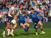 10 June 2022; Jordan Larmour and Jimmy O'Brien of Leinster during the United Rugby Championship Semi-Final match between Leinster and Vodacom Bulls at the RDS Arena in Dublin. Photo by Harry Murphy/Sportsfile