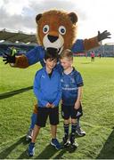 10 June 2022; Leo the Lion with mascot Con Cullen and Tony OMalley before the United Rugby Championship Semi-Final match between Leinster and Vodacom Bulls at the RDS Arena in Dublin. Photo by Harry Murphy/Sportsfile