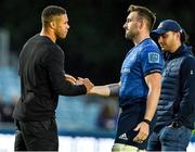 10 June 2022; Leinster players Adam Byrne, left, and Jack Conan shake hands after the United Rugby Championship Semi-Final match between Leinster and Vodacom Bulls at the RDS Arena in Dublin. Photo by Brendan Moran/Sportsfile