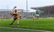 5 June 2022; Peter Duggan of Clare takes a sideline cut during the Munster GAA Hurling Senior Championship Final match between Limerick and Clare at FBD Semple Stadium in Thurles, Tipperary. Photo by Piaras Ó Mídheach/Sportsfile