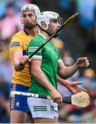 5 June 2022; Conor Cleary of Clare and Aaron Gillane of Limerick during the Munster GAA Hurling Senior Championship Final match between Limerick and Clare at FBD Semple Stadium in Thurles, Tipperary. Photo by Piaras Ó Mídheach/Sportsfile