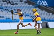 8 June 2022; Sam Mahony, left, and Brian Farrell of St Laurence's, Kilmacud, celebrate after their victory over St Pius X BNS in the Corn Marino final during the Allianz Cumann na mBunscoil Hurling Finals in Croke Park, Dublin. Over 2,800 schools and 200,000 students are set to compete in the primary schools competition this year with finals taking place across the country. Allianz and Cumann na mBunscol are also gifting 500 footballs, 200 hurleys and 200 sliotars to schools across the country to welcome Ukrainian students into our national games and local communities. Photo by Piaras Ó Mídheach/Sportsfile