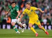 8 June 2022; Mykhailo Mudryk of Ukraine and Josh Cullen of Republic of Ireland during the UEFA Nations League B group 1 match between Republic of Ireland and Ukraine at Aviva Stadium in Dublin. Photo by Ben McShane/Sportsfile