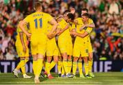 8 June 2022; Taras Kacharaba of Ukraine, centre, celebrates with his teammates after scoring his goal, which was subsequently disallowed by VAR during the UEFA Nations League B group 1 match between Republic of Ireland and Ukraine at Aviva Stadium in Dublin. Photo by Ben McShane/Sportsfile