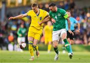 8 June 2022; Artem Dovbyk of Ukraine and Shane Duffy of Republic of Ireland during the UEFA Nations League B group 1 match between Republic of Ireland and Ukraine at Aviva Stadium in Dublin. Photo by Ben McShane/Sportsfile
