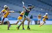 8 June 2022; Daniel Hewitt of St Pius X BNS, right, in action against Sam Mahony, left, of St Laurence's, Kilmacud, during the Corn Marino final at the Allianz Cumann na mBunscoil Hurling Finals in Croke Park, Dublin. Over 2,800 schools and 200,000 students are set to compete in the primary schools competition this year with finals taking place across the country. Allianz and Cumann na mBunscol are also gifting 500 footballs, 200 hurleys and 200 sliotars to schools across the country to welcome Ukrainian students into our national games and local communities. Photo by Piaras Ó Mídheach/Sportsfile