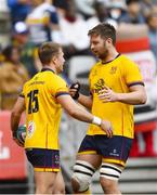11 June 2022; Stewart Moore of Ulster, left, celebrates with Iain Henderson after scoring their side's second try during the United Rugby Championship Semi-Final match between DHL Stormers and Ulster at DHL Stadium in Cape Town, South Africa. Photo by Ashley Vlotman/Sportsfile