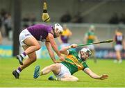 11 June 2022; Conor Devitt of Wexford breaks his hurley while blocking a shot from Podge Boyle of Kerry during the GAA Hurling All-Ireland Senior Championship Preliminary Quarter-Final match between Kerry and Wexford at Austin Stack Park in Tralee, Kerry. Photo by Diarmuid Greene/Sportsfile