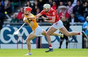 11 June 2022; James McNaughton of Antrim in action against Tim O'Mahony of Cork during the GAA Hurling All-Ireland Senior Championship Preliminary Quarter-Final match between Antrim and Cork at Corrigan Park in Belfast. Photo by Ramsey Cardy/Sportsfile
