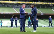 11 June 2022; Republic of Ireland manager Stephen Kenny speaks to Chiedozie Ogbene before the UEFA Nations League B group 1 match between Republic of Ireland and Scotland at the Aviva Stadium in Dublin. Photo by Stephen McCarthy/Sportsfile