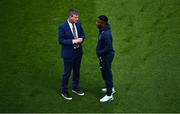 11 June 2022; Republic of Ireland manager Stephen Kenny speaks to Chiedozie Ogbene before the UEFA Nations League B group 1 match between Republic of Ireland and Scotland at the Aviva Stadium in Dublin. Photo by Stephen McCarthy/Sportsfile Photo by Ben McShane/Sportsfile