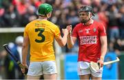 11 June 2022; Darragh Fitzgibbon of Cork and Gerard Walsh of Antrim after the GAA Hurling All-Ireland Senior Championship Preliminary Quarter-Final match between Antrim and Cork at Corrigan Park in Belfast. Photo by Ramsey Cardy/Sportsfile